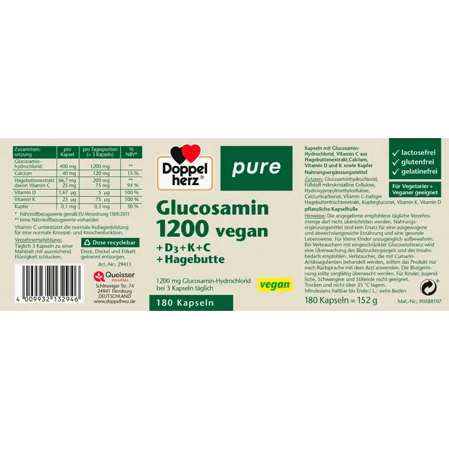 Doppelherz Glucosamine 1200 Vegan Kapseln 180 St 152 g