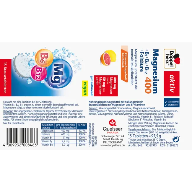 Doppelherz Magnesium 400 + Vitamine B6 + B12 + Foliumzuur Bruistabletten 15 St. 97.5 g