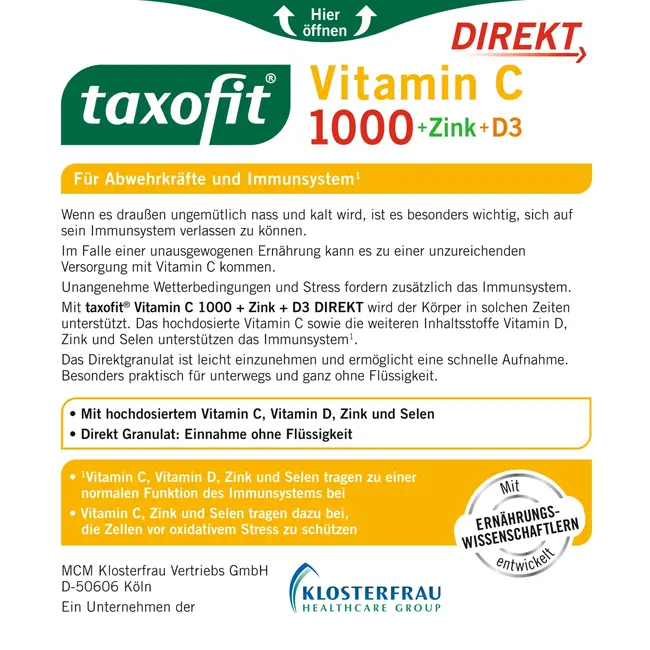 taxofit Vitamine C + Zink + D3 Direct Granulaat 20 St 60 g