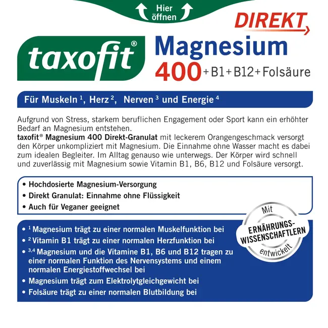 taxofit Magnesium 400 + B1 + B6 + B12 + Foliumzuur 800 Direct Granulaat 20 St. 40 g