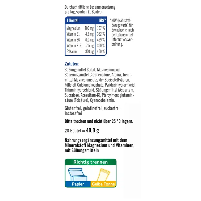 taxofit Magnesium 400 + B1 + B6 + B12 + Foliumzuur 800 Direct Granulaat 20 St. 40 g