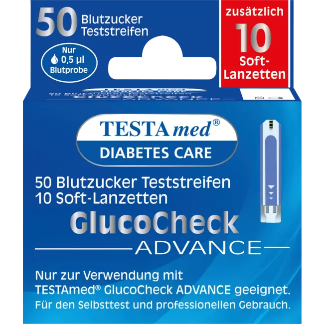 Testa med Glucocheck ADVANCE Combiverpakking 50 Bloedsuiker Teststrips + 10 Lancetten 50 St
