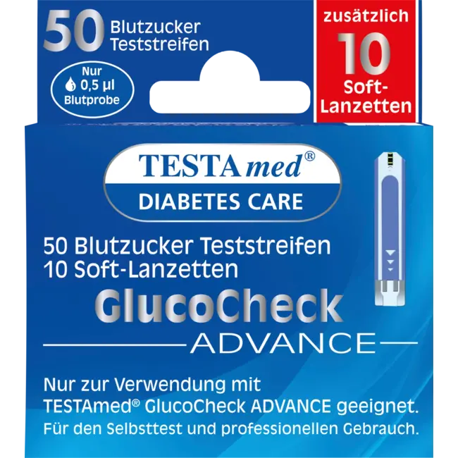 Testa med Glucocheck ADVANCE Combiverpakking 50 Bloedsuiker Teststrips + 10 Lancetten 50 St