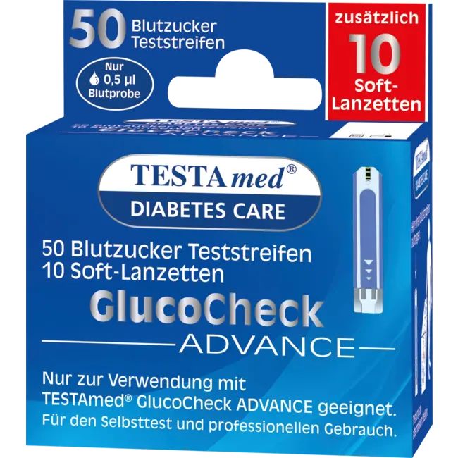 Testa med Glucocheck ADVANCE Combiverpakking 50 Bloedsuiker Teststrips + 10 Lancetten 50 St