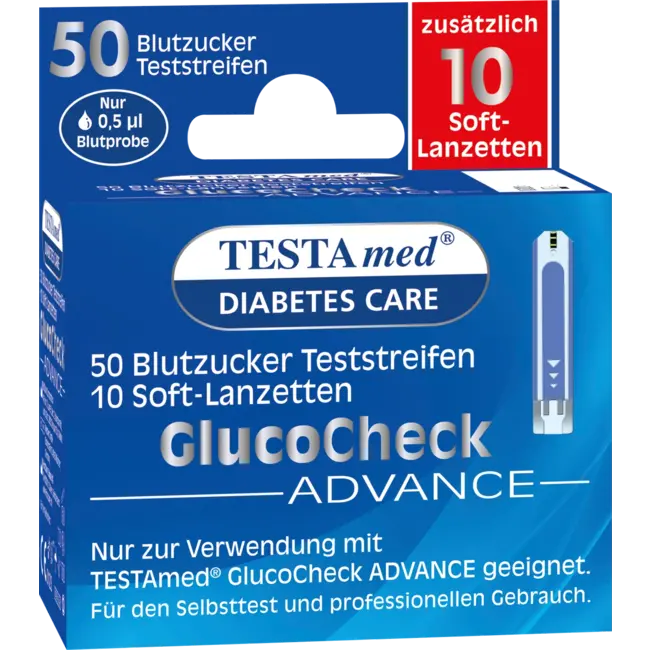 Testa med Glucocheck ADVANCE Combiverpakking 50 Bloedsuiker Teststrips + 10 Lancetten 50 St