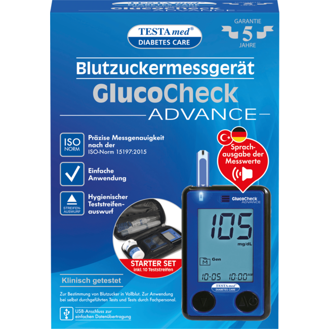 Testa med Glucocheck ADVANCE Bloedglucosemeter Met Spraakuitvoer 1 St