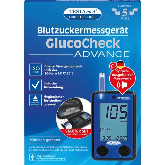 Testa med Glucocheck ADVANCE Bloedglucosemeter Met Spraakuitvoer 1 St
