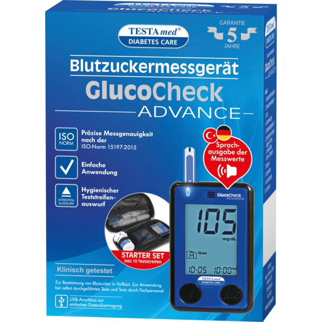 Testa med Glucocheck ADVANCE Bloedglucosemeter Met Spraakuitvoer 1 St