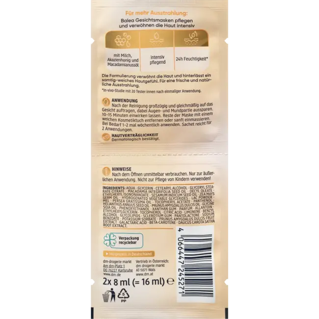 Balea Gezichtsmasker Melk & Honing 16 ml