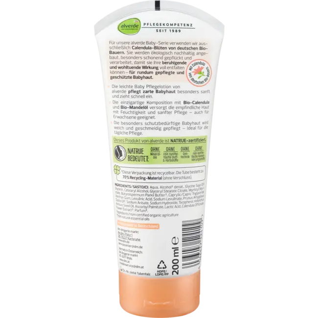 alverde BABY Verzorgingslotion Bio-calendula & Bio-amandelolie 200 ml