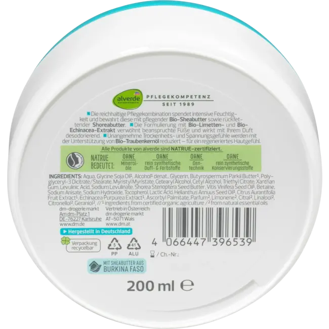 alverde NATURKOSMETIK Voetbutter Bio-limette, Bio-echinacea 200 ml