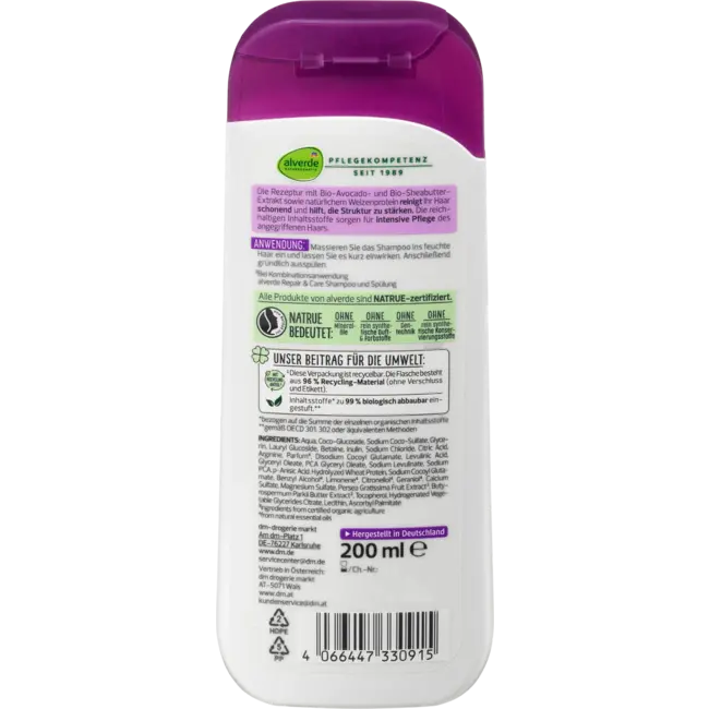 alverde NATURKOSMETIK Shampoo Repair Bio-avocado, Bio-sheabutter 200 ml