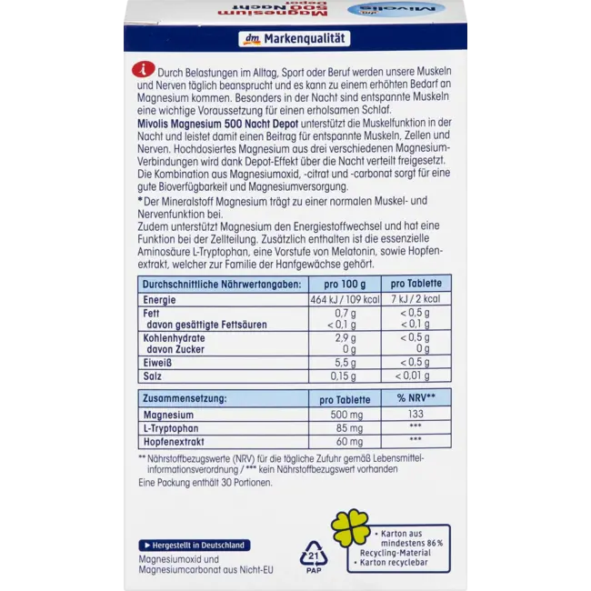 Mivolis Mivolis Magnesium 500 Nachtdepot, 30 st 43 g
