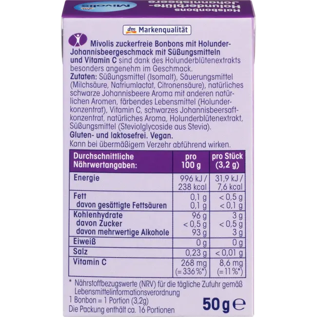 Mivolis Bonbon, Vlierbloesem-johannesbes, Suikervrij 50 g