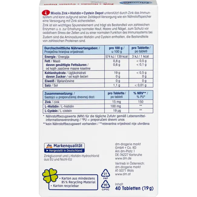 Mivolis Zink + Histidine + Cysteïne Depot, Tablet 40 St. 19 g