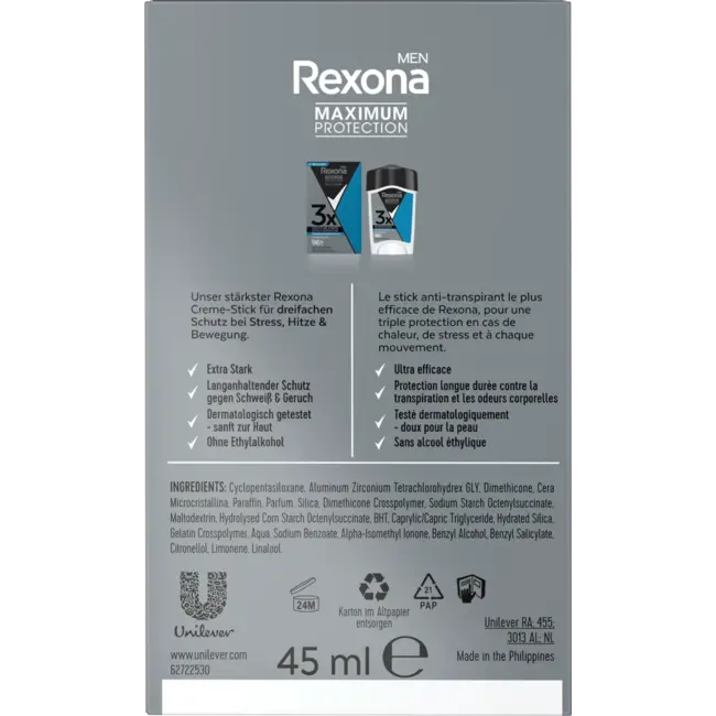Rexona men Antitranspirant Deocreme Men Maximum Protection Clean Geur 45 ml