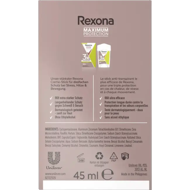 Rexona Antitranspirant Deocreme Maximale bescherming tegen stress 45 ml
