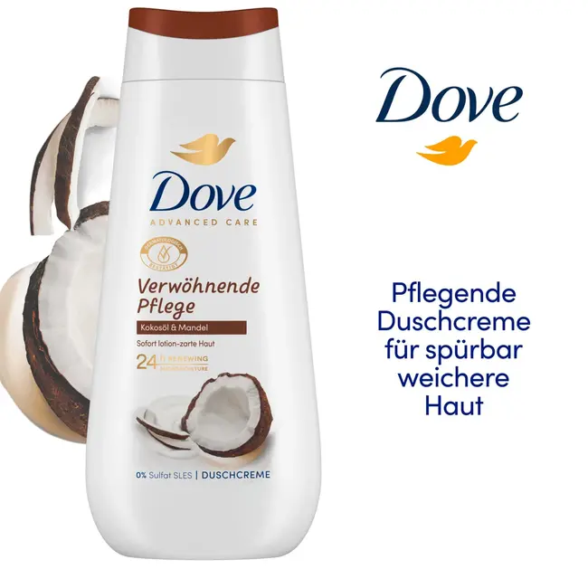 Dove Douchecrème Advanced Care Verwennende verzorging, kokosolie & amandel 225 ml