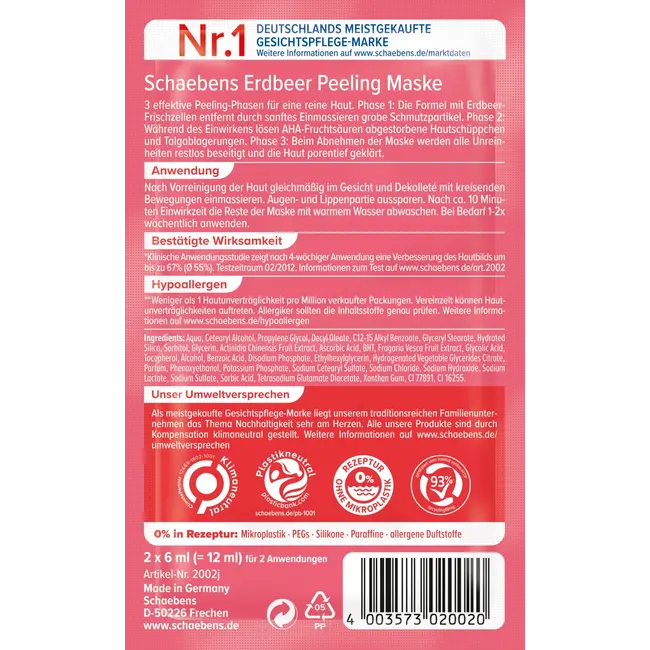 Schaebens Gezichtsmasker Peeling Aardbei (10 St. X2x6 Ml) 120 ml