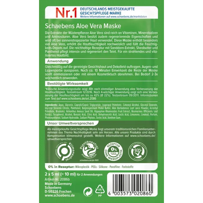 Schaebens Gezichtsmaskers Aloë Vera (10 St.x2x5 Ml) 100 ml