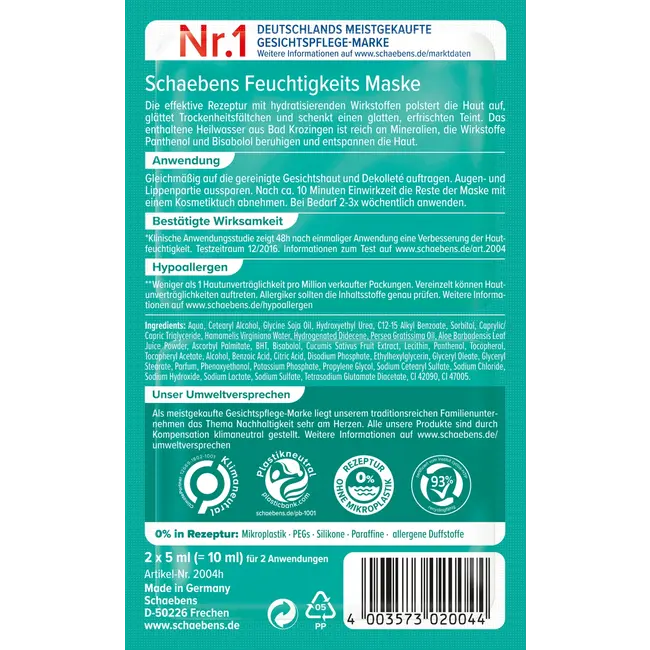 Schaebens Gezichtsmasker Vocht (10 St X 2 X 5 Ml) 100 ml