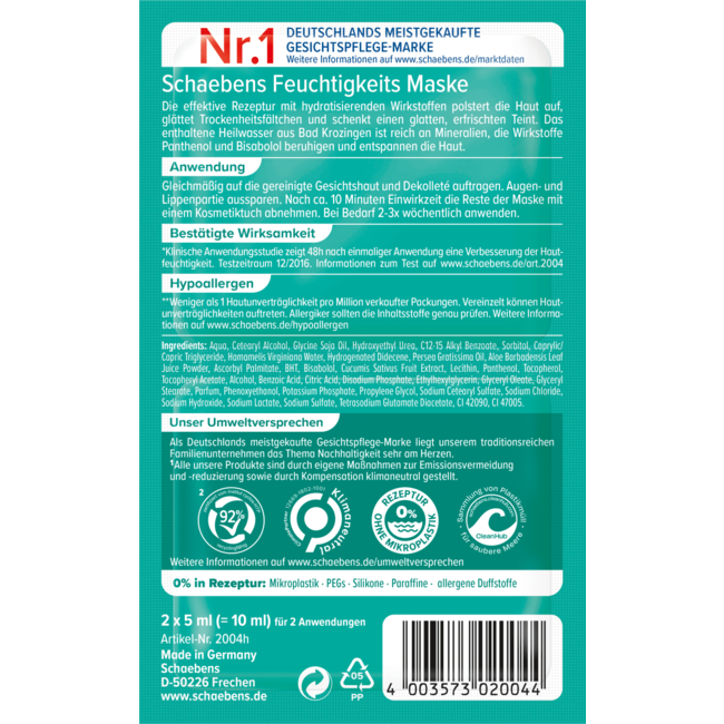 Schaebens Gezichtsmasker Vocht Onmiddellijke Werking (2 X 5 Ml) 10 ml