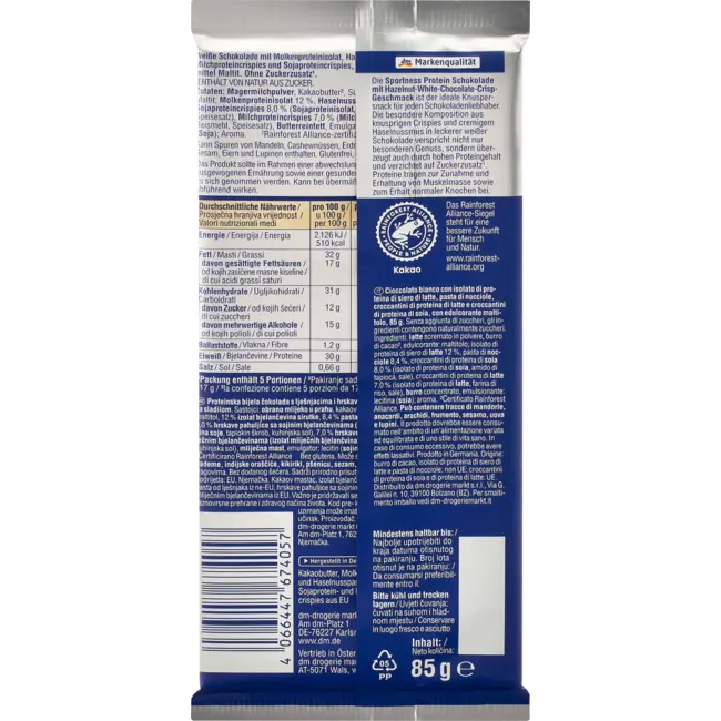 Sportness Eiwitchocolade, Hazelnoot Witte Chocolade Frisse smaak 85 g