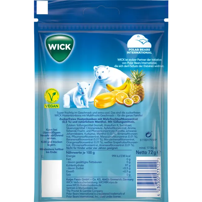 Wick Bonbon, Multifruit Extra Cool, Suikervrij 72 g