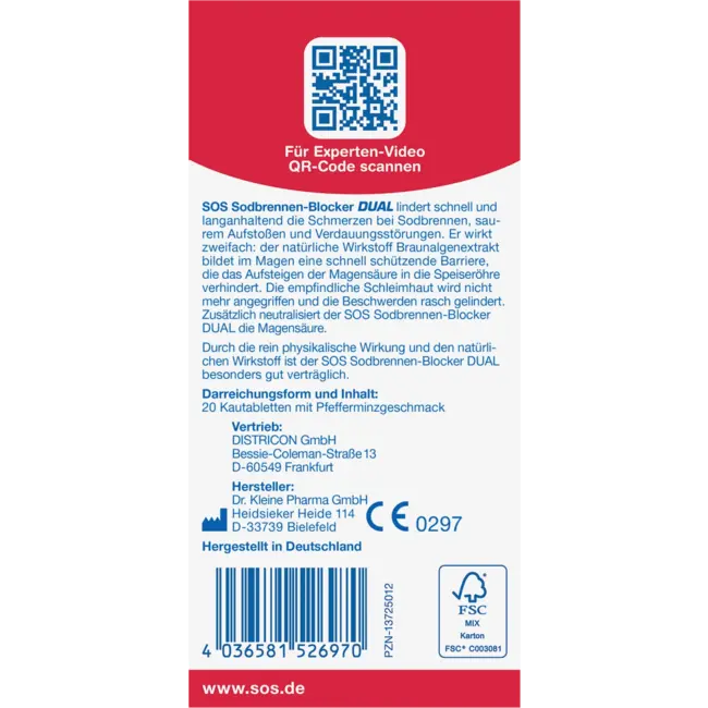 SOS Brandend Maagzuur Blocker DUAL KAUWTABLETTEN 20 St