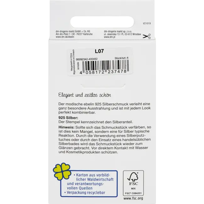 ebelin Oorstekerset 925 Zilver 4 St