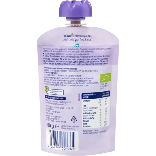 babylove Quetschie Framboos & Bosbes In Appel Met Griesmeel, Vanaf 1 Jaar 100 g