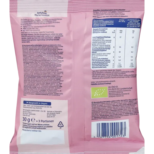 babylove Babysnack Krokante Hartjes Framboos Banaan, Vanaf 8 Maanden 30 g