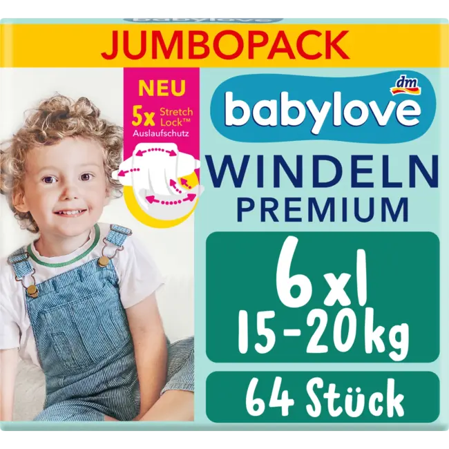 babylove Windeln Premium Gr. 6 XL (15-20 Kg), Jumbo Pack 64 St