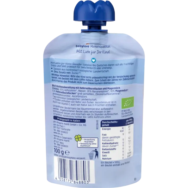 babylove Quetschie Goedenavond Appel-banaan-haver-melk Recyclebaar Vanaf 1 Jaar 100 g