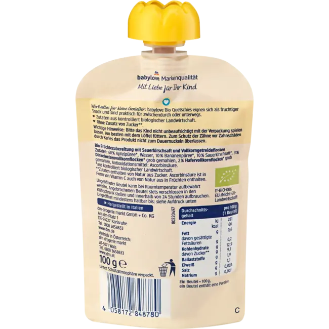 babylove Quetsch Ontbijtpauze Appel-banaan-kersen-muesli Recyclebaar Vanaf 1 Jaar 100 g