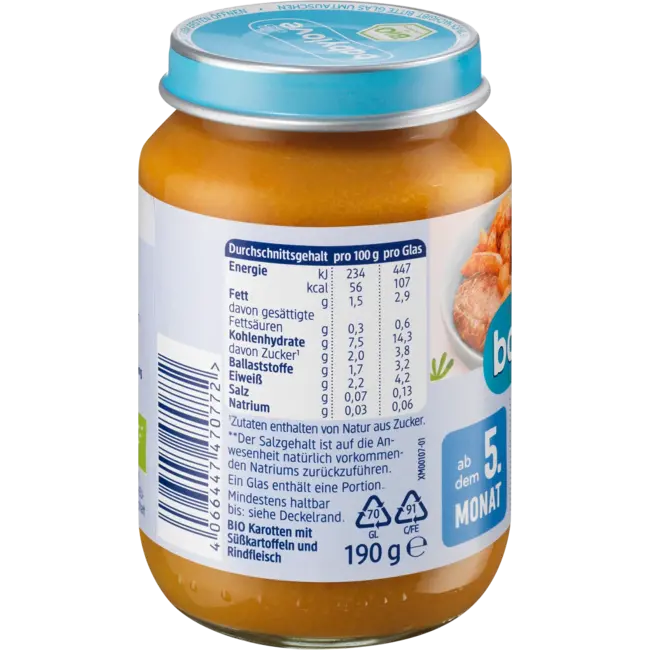 babylove Menu Wortelen Met Zoete Aardappelen En Rund Vanaf De 5e Maand 190 g