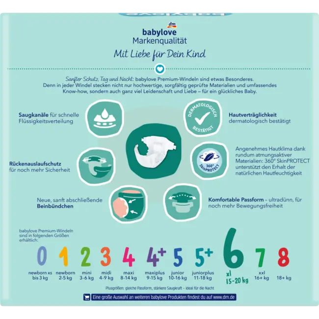 babylove Windeln Premium Gr. 6, XXL, 15-20 Kg, Monatspack 128 St