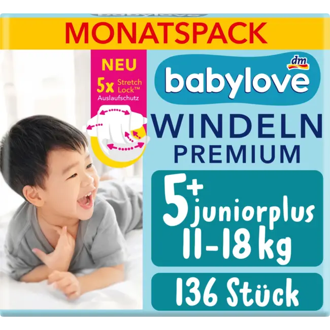 babylove Windeln Premium Gr. 5+, Juniorplus, 11-18 Kg, Monatspack 136 St