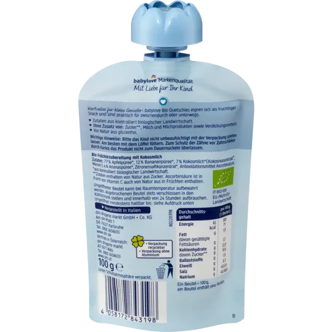 babylove Quetschie Banaan & Ananas In Appel Met Kokosmelk Recyclebaar Vanaf 1 Jaar 100 g