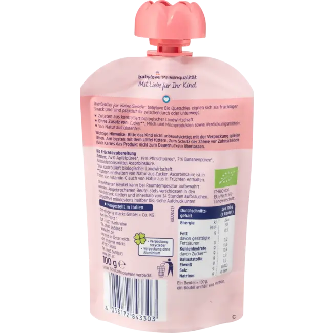 babylove Quetschie Perzik & Banaan In Appel Recyclebaar Vanaf 1 Jaar 100 g