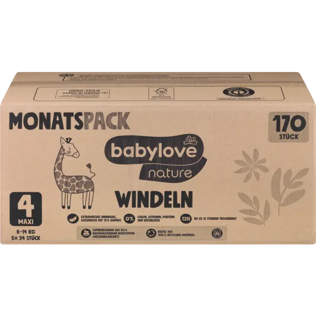 babylove nature Windeln Gr. 4, Maxi (8-14 Kg), Monatspack 170 St