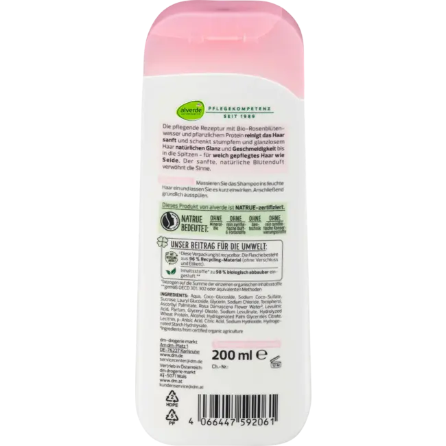 alverde NATURKOSMETIK Shampoo Glans Met Biologisch Rozenbloesemwater & Plantaardig Eiwit 200 ml
