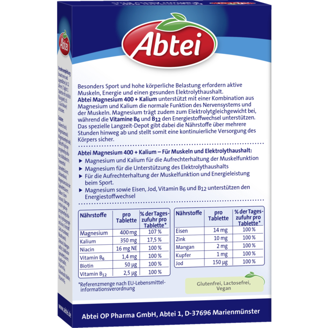 Abtei Magnesium 400 + Kalium Actief Plus Tabletten 30st