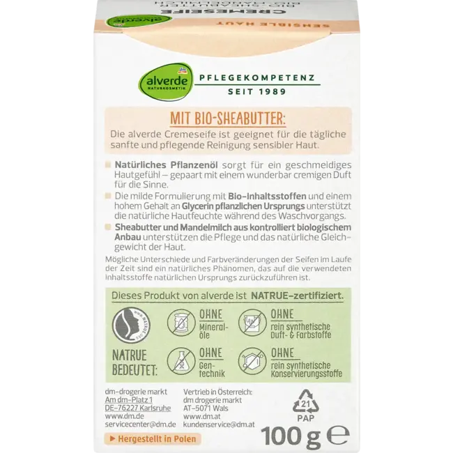 alverde NATURKOSMETIK Zeepstuk Crèmezeep Met Sheaboter & Amandelmelk 100.0 g
