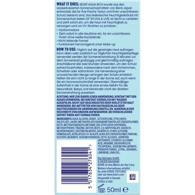 Bioré Gezichtsvloeistof Aquarich UV, SPF 50 50.0 ml