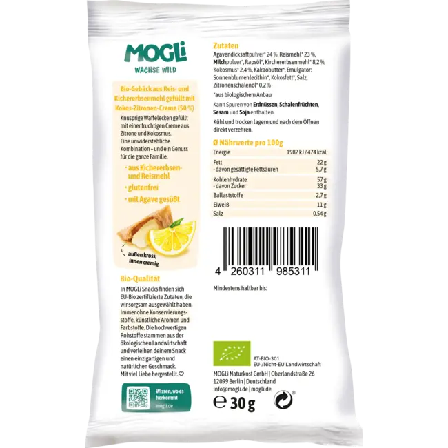 MOGLi Kinderkoekjes Citroen Crème Hoekjes Met Kokos, Vanaf 3 Jaar 30.0 g