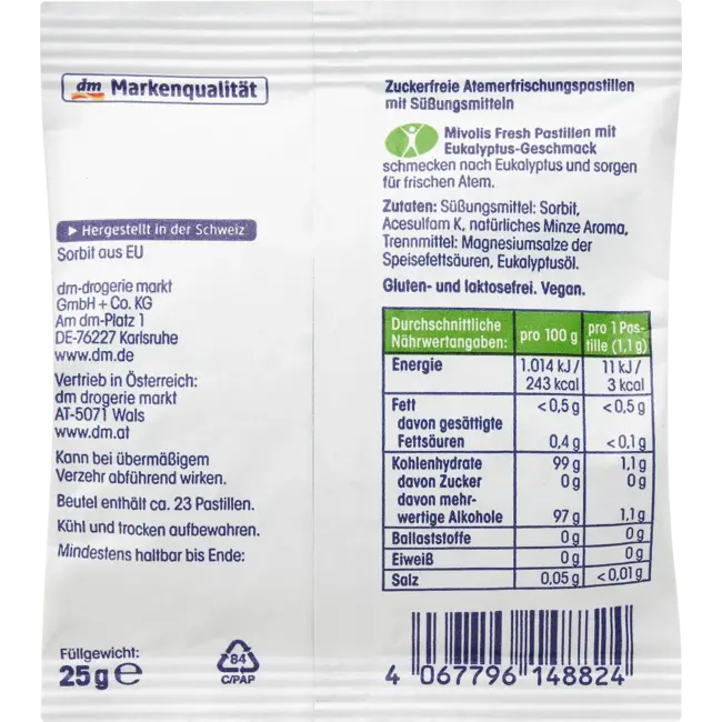 Mivolis Pastilles, Fresh Eucalyptus, Suikervrij 25.0 g