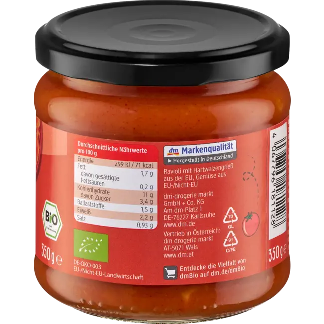 dmBio Menu Ravioli Tomaat, Groenten, Vanaf 3 Jaar 350.0 g