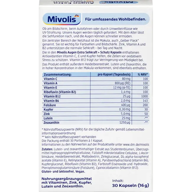 Mivolis Ogen Extra Zicht + Bescherming, Dag + Nacht, Capsules, 30 St. 28.8 g