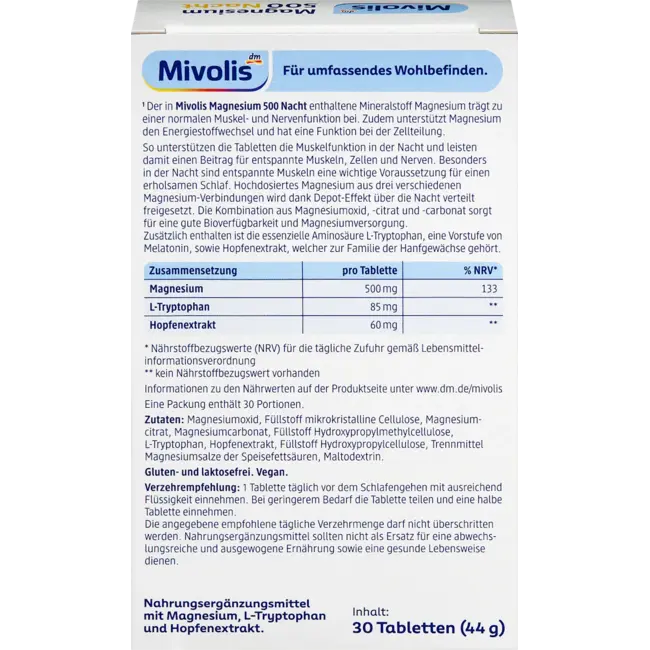 Mivolis Mivolis Magnesium 500 Nachtdepot, 30 st 44 g